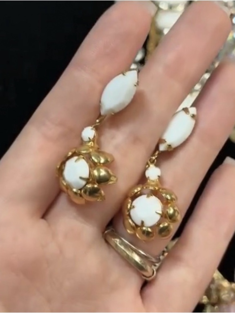Gold and White Drop Cluster Earrings